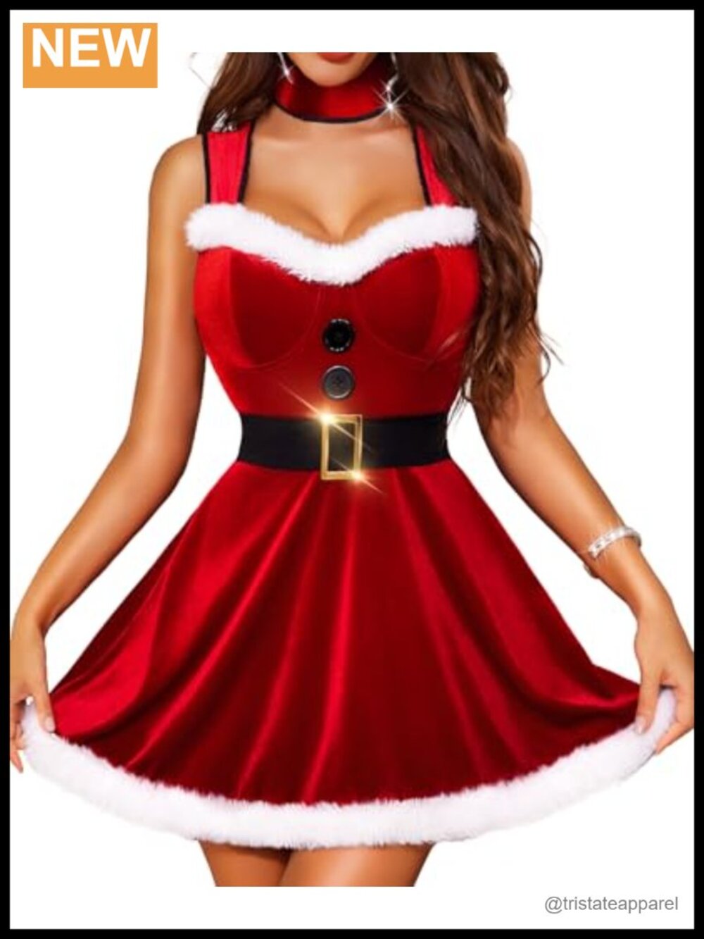 Velvet Santa Babydoll Chemise Set with Choker Belt Sleeveless Square Neck